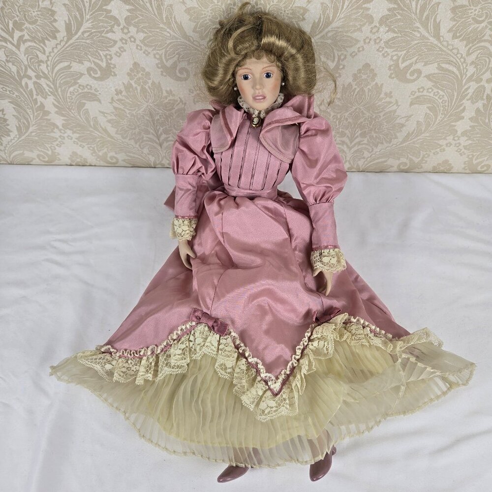 Vintage 18" Gorham Porcelain Doll Victorian Teacher Pink Dress Lace Trim Cameo